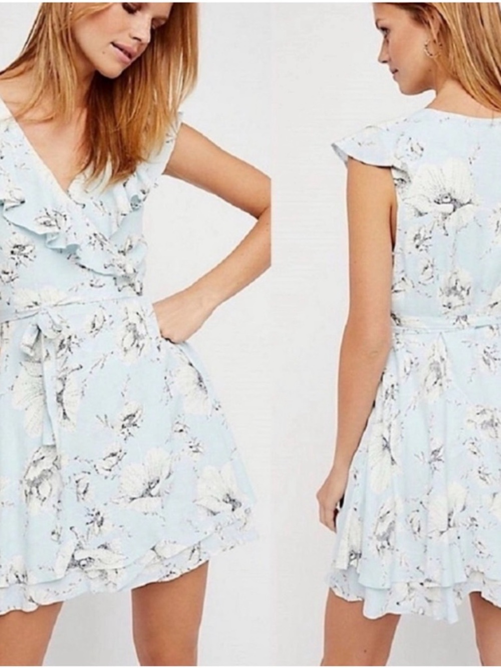 Free People French Quarter Light Blue Floral Wrap Dress L